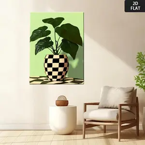 2D Flat, Modern Minimalist Green Plant in Black & White Checkered Vase Canvas Wall Art Poster - Wrapped Wood Frame, Mint Green & Black Botanical Print for Living Room, Bedroom, Bathroom, Kitchen, Home Office Decor - Contemporary Housewarming Gift,