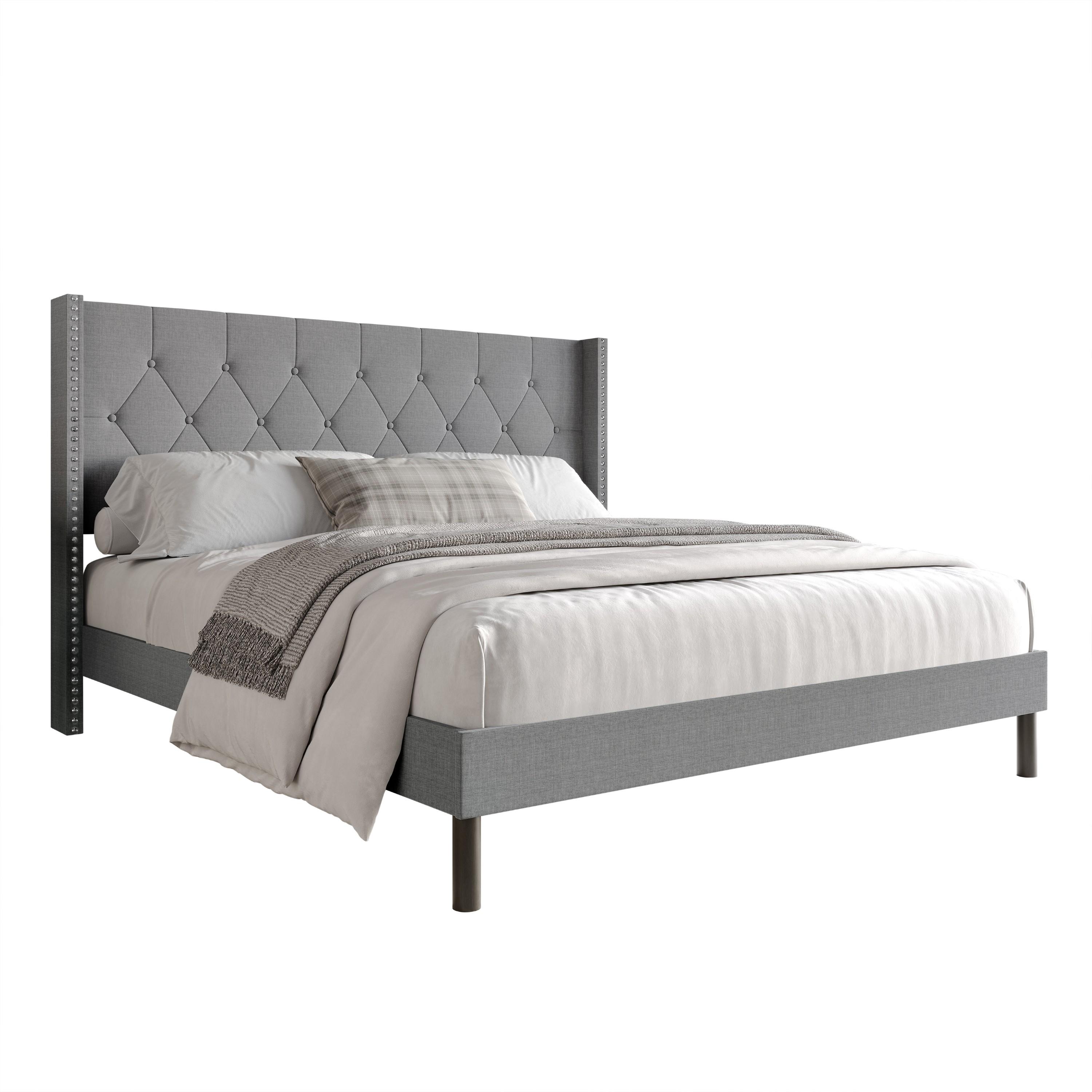 Favorer Cicero Tufted Wings Linen Fabric Transitional King Size Bed Frame with Headboard, 4 Sturdy Legs, Comfortable Stylish Design, Box Spring Required, for Bedroom Decor (Queen Bed Frame Compatible)