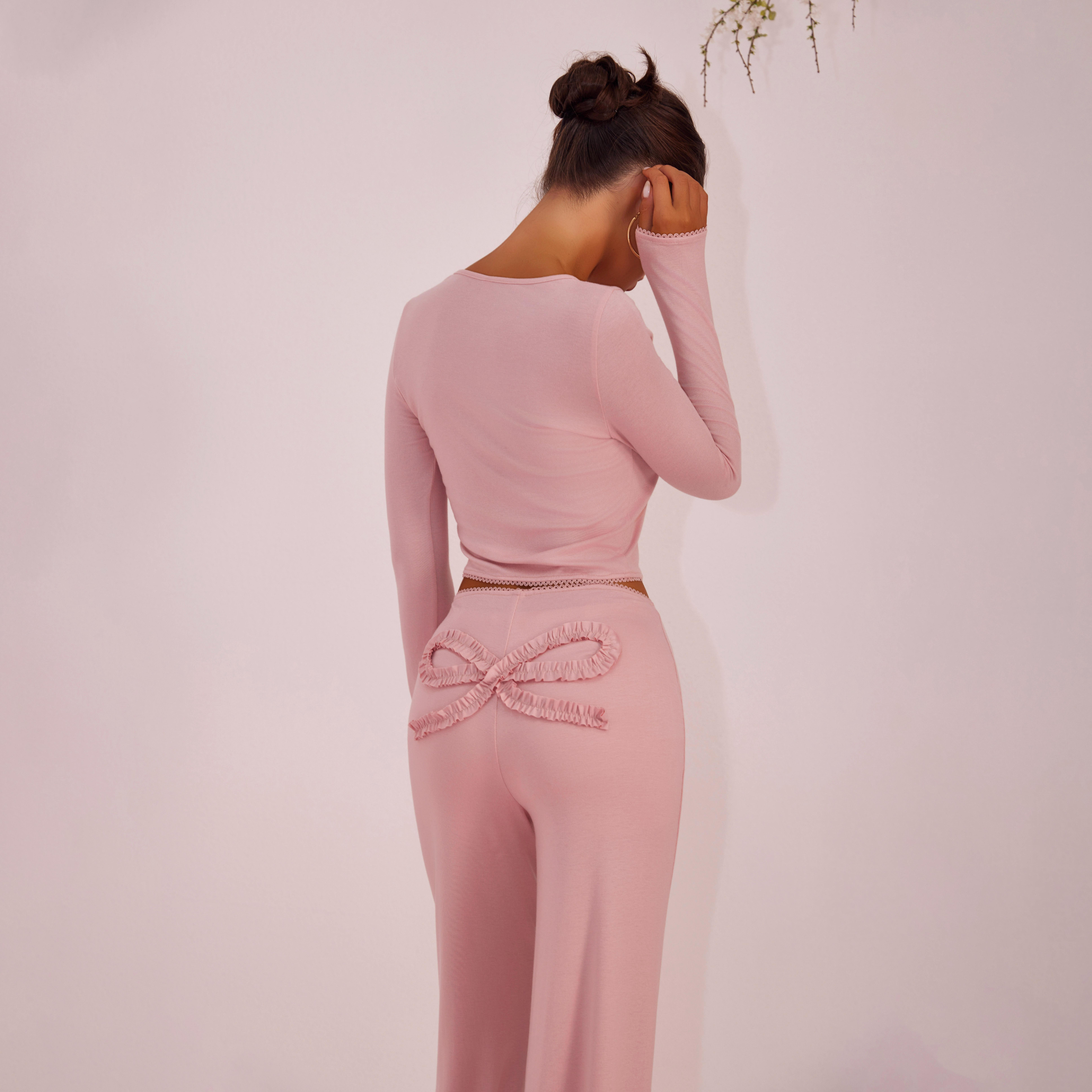 Joyfunear Solid Color Knitted Long-Sleeved Round Neck Top & Casual Straight-Leg Pants Set with Bow Decoration for Daily Wear