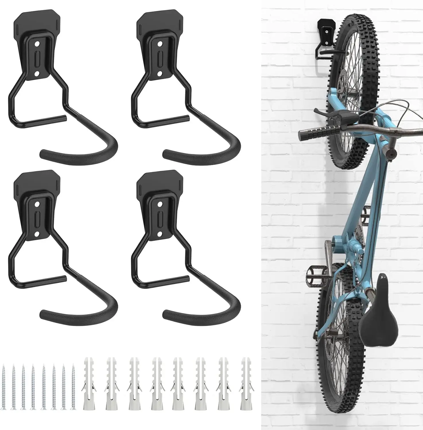 Housolution Bike Wall Mount with Fixed Hook, [4 Pack] Heavy Duty Bike Storage Rack, Bike Rack Vertical Stand for Garage - Easily Hang/Detach - with Screws Iron Bike Hanger Brackets