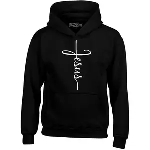 Men's Jesus Cross Design Graphic Hoodie - Cotton Blend Black Long Sleeve Pullover Regular Fit |   Soft & Breathable Fabric, Durable Print, Everyday Comfort, Machine Washable, minimalist religious casual wear
