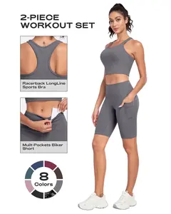 [Upgraded Fabric] Two-piece women's sportswear set - Racerback longline high-support sports bra + butt-lifting and tummy-control shorts with hidden pockets, suitable for gym, running, and training, can be paired with women's seamless leggings.