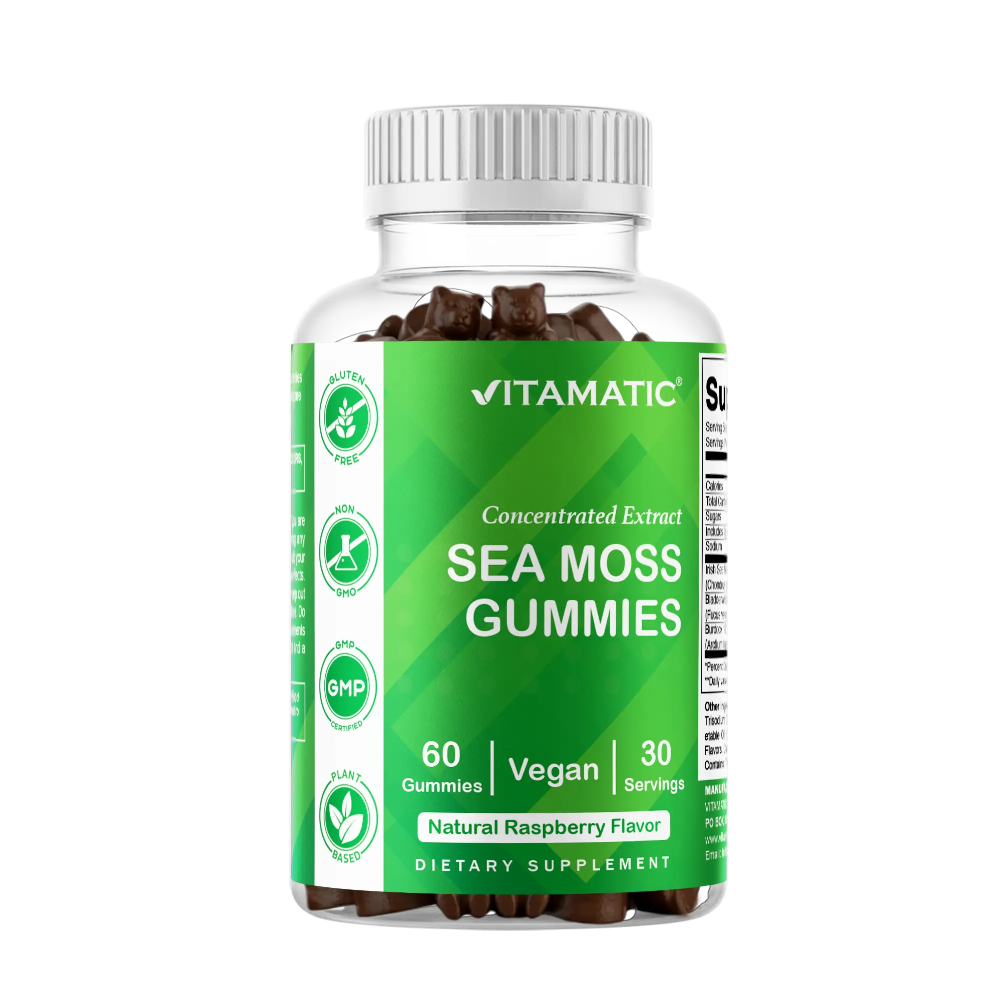 Vitamatic Raspberry Irish Sea Moss Chewable Gummies with Bladderwrack & Burdock Root - 60-Piece Daily Supplement, Essential Minerals, Vegan Selfcare, GMO-Free, Immunity & Energy Support, Single Item Adult Dietary Aid