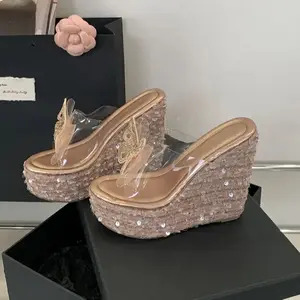 Women Contour Crystal Bow Platform Heels – Transparent Wedge Sandals Argie Noir