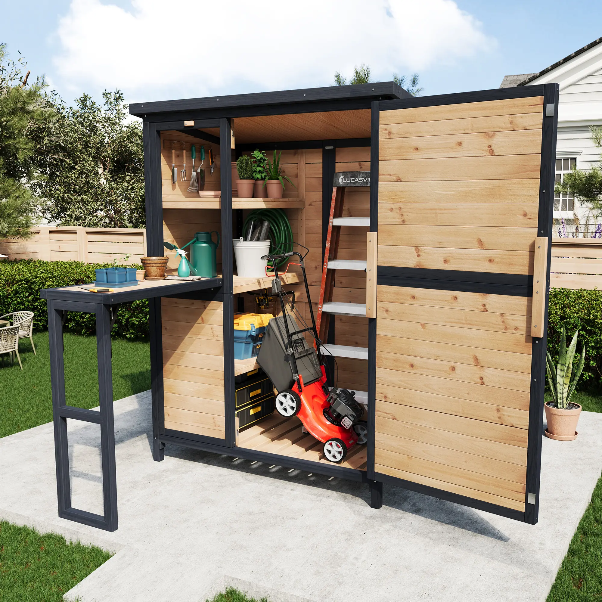 Amerlife Sturdy Rustic Solid Fir Wood Outdoor Storage Shed - 5 Adjustable Shelves, Foldable Workbench, Sloping Roof, Raised Base, Weatherproof Metal Panels, Side Table, No Pre-Installed Panels, Assembly Required Utility Cabinet for Backyard, Garden Tools