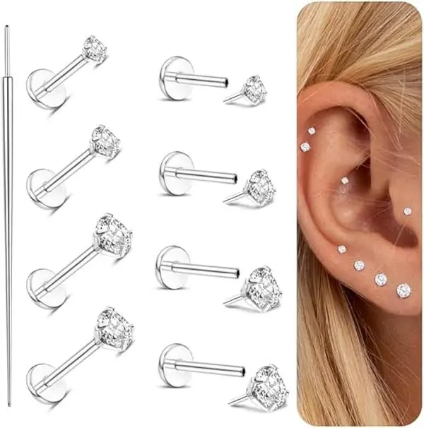 MILACOLATO G23 Titanium Threadless Flat Back Earrings Studs Hypoallergenic 14K Gold Filled Nose Rings Studs 20G/18G/16G Labret Studs Lip Ring Push in Helix Tragus Medusa Monroe Piercing Jewelry, Body Piercing Jewelry, Cartilage Helix Piercing