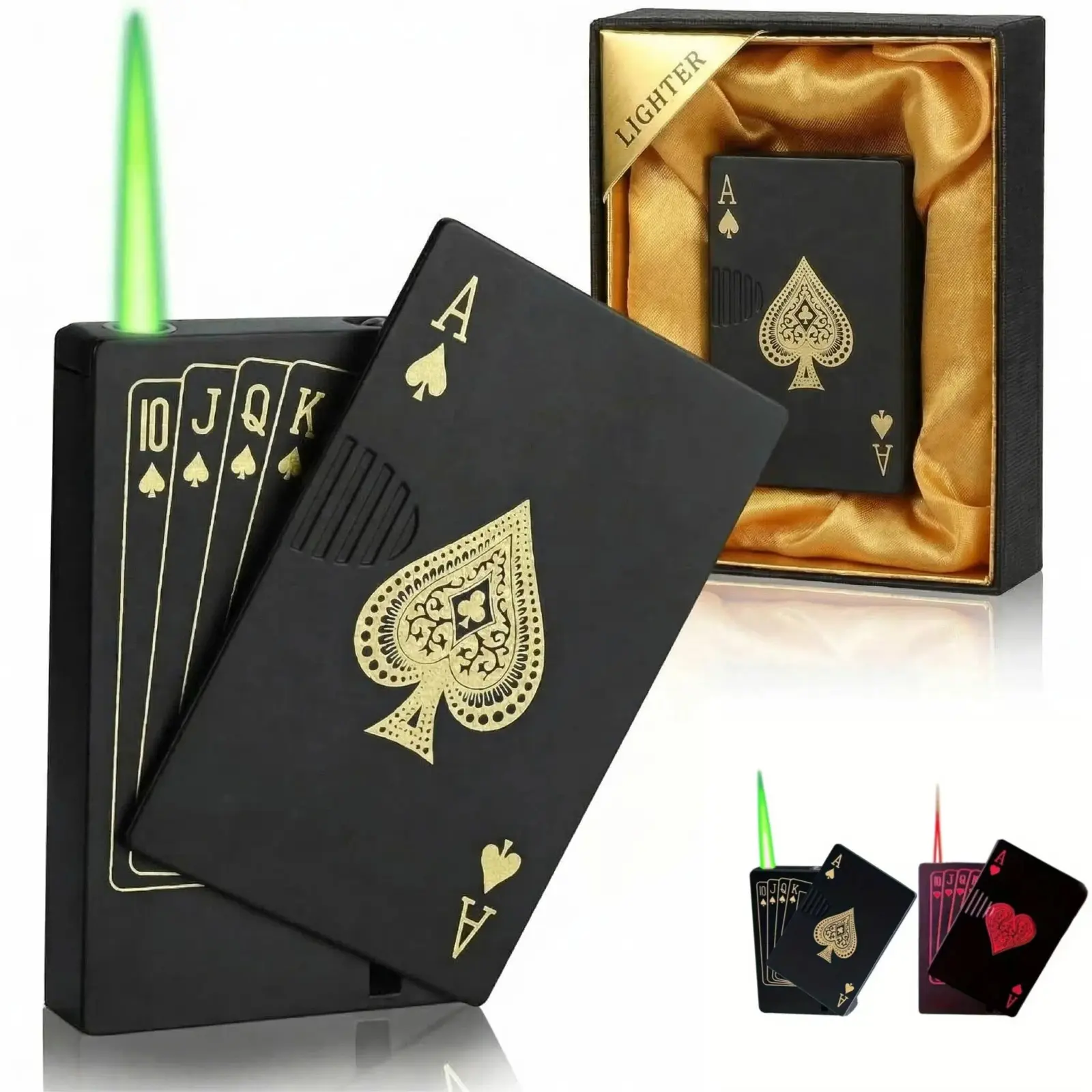 Black (Without Gas) Zinc Alloy Jet Torch Lighter - Ace Card Design, Green Flame, Metal Poker, Windproof Refillable Butane Lighter, Quick Ignition, Home Accessory, Unique Gifts for Man, Birthday Gift Ideas, Outdoor Camping Use