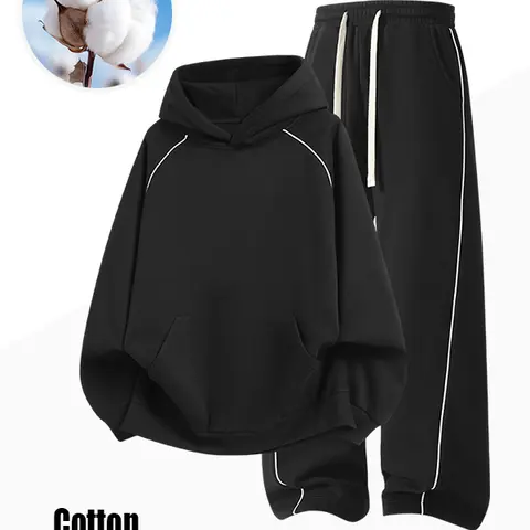 Unisex two-piece set, white-trimmed hooded sweatshirt + side-striped wide-leg sweatpants, casual loose hooded sportswear, street-style sports suit