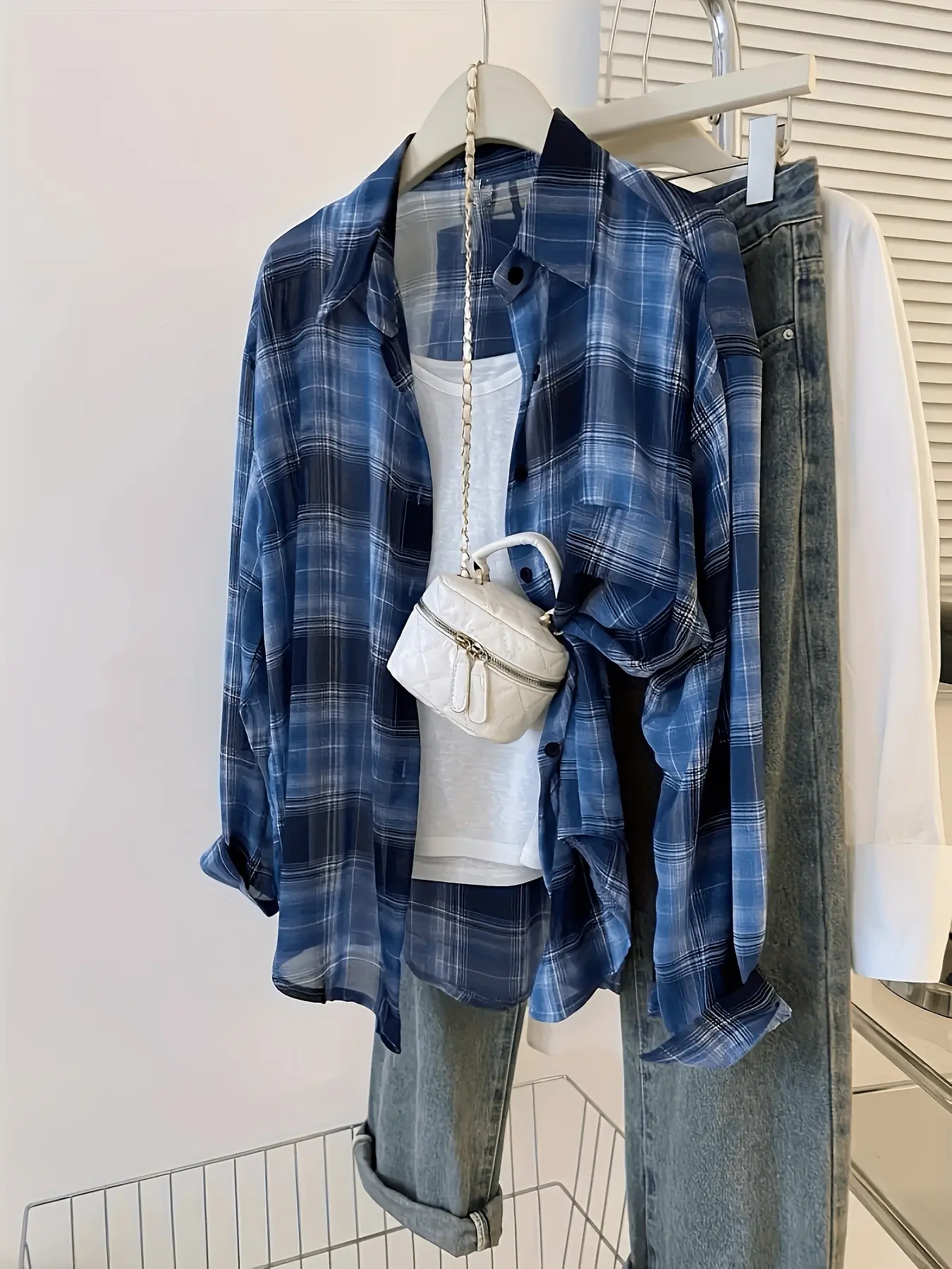 Summer Fashion Plaid Chiffon Shirt, Lightweight Blue Checkered Boho Resort Blouse, Casual Long Sleeve, Comfortable Loose Fit, Boho Flowy Tops, Women's New Style 2026