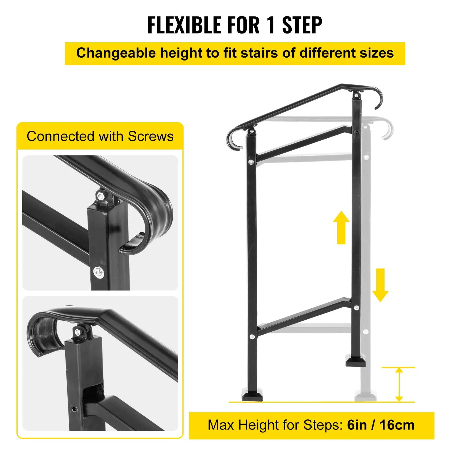 VEVOR Metal Outdoor Wrought Iron Stair Railing - Curly Side, Flexible Size (13.4 in/34 cm & 6.3 in/16 cm Fits), Adjustable for Concrete/Wooden Stairs & Balconies, Ideal for Pregnant & Children, Effortless Installation with 2 M6 Bolts Kit#SohoChic