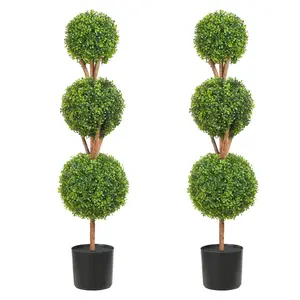 48-Inch Triple Ball Artificial Boxwood Topiary Trees (Set of 2) – UV-Resistant Faux Greenery with Planters, Replaceable Leaves & Decorative Port, Perfect for Indoor/Outdoor/Garden