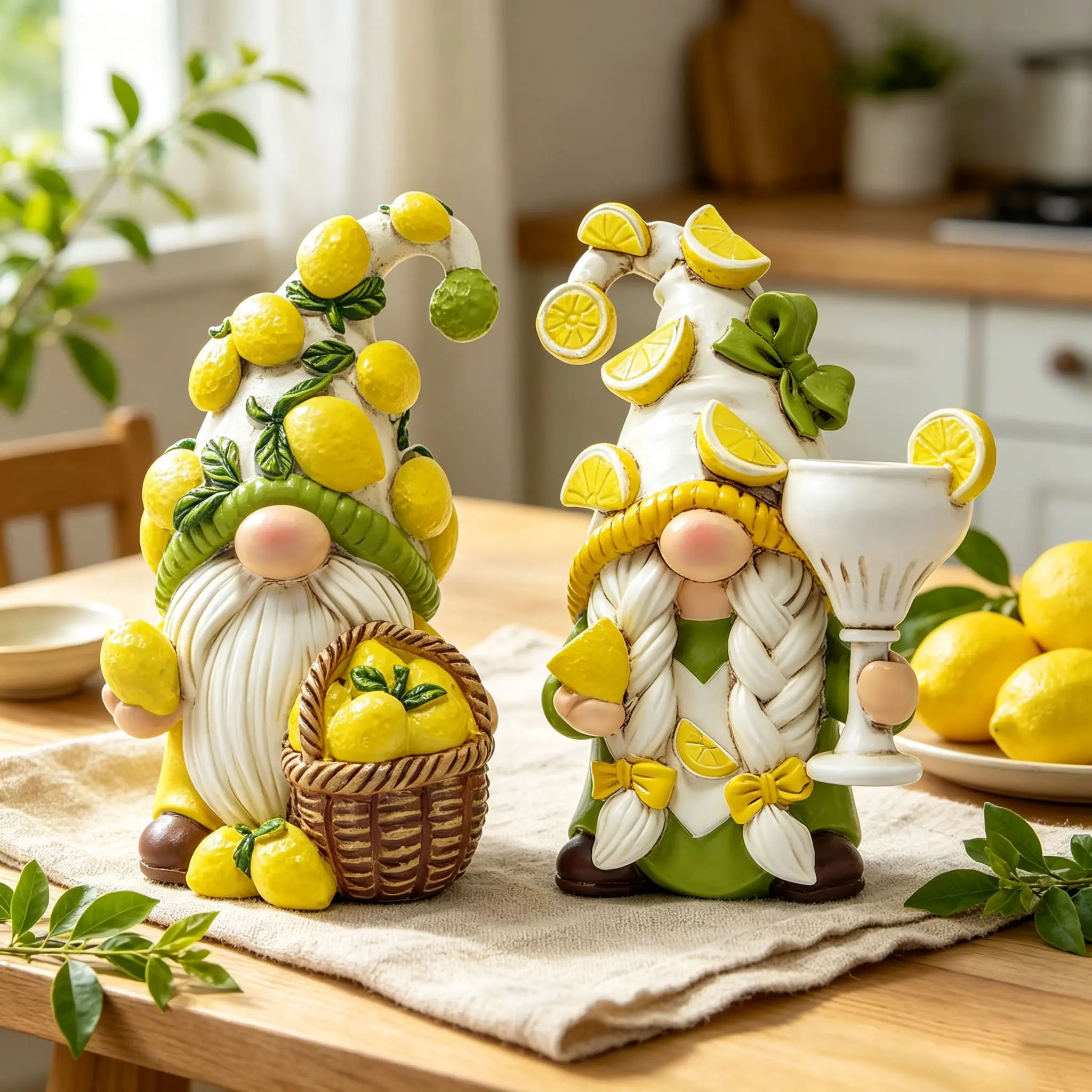 Sangeren 2-Piece Lemon Gnome Resin Figurine Set, Summer Farmhouse Tiered Tray Decor, Fruit Gnome Tabletop Statue for Kitchen Home Decor Gift
