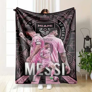 Lionel Messi Inter Miami Flannel Blanket Pink Team Jersey Art Print with Logo and Cityscape Design Soft Warm Cozy Lightweight Throw Ideal for Sofa Bedroom Office Travel Gift Decor Use