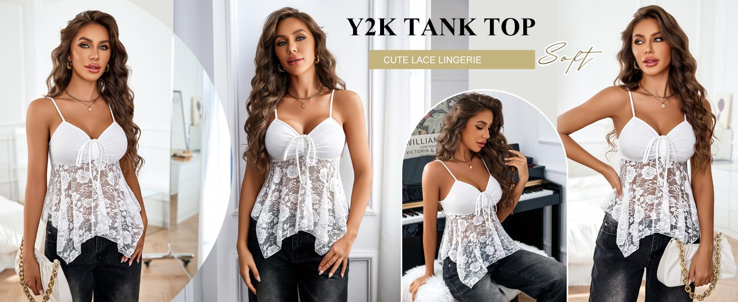 Avidlove Lace Bralette Crop Top for Women Y2k Cami Tank Top with Adjustable Spaghetti Straps & Elastic Thin Mesh Lace Comfortable Casual Lingerie Sizes Run Small Bustier SpringStatements Size Up For Fuller Bust