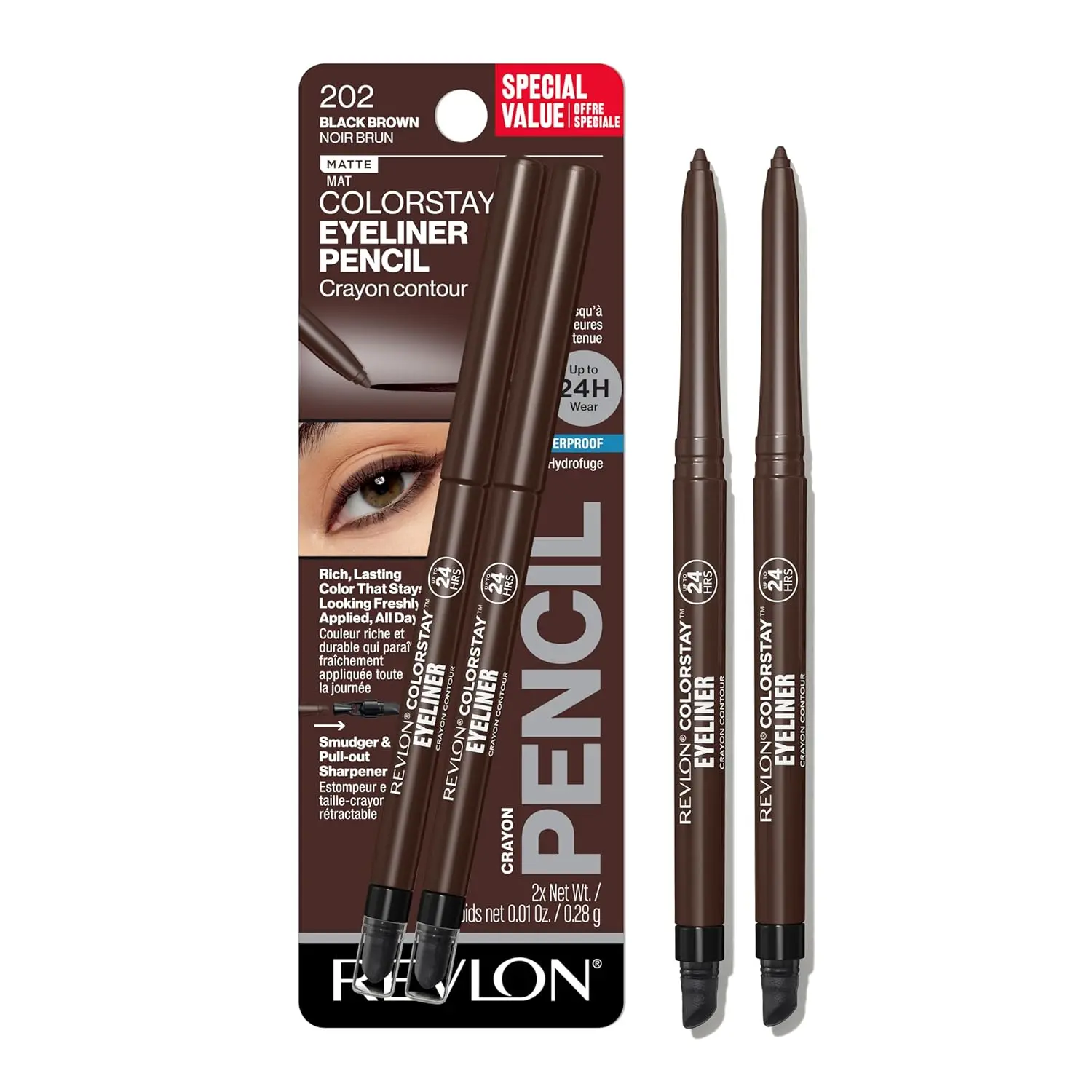 Revlon ColorStay Pencil Eyeliner Multi-Pack (2-Count), Waterproof, Smudge-Proof, Long Wear Eye Makeup with Built-In Sharpener, Matte Finish, 202 Black Brown