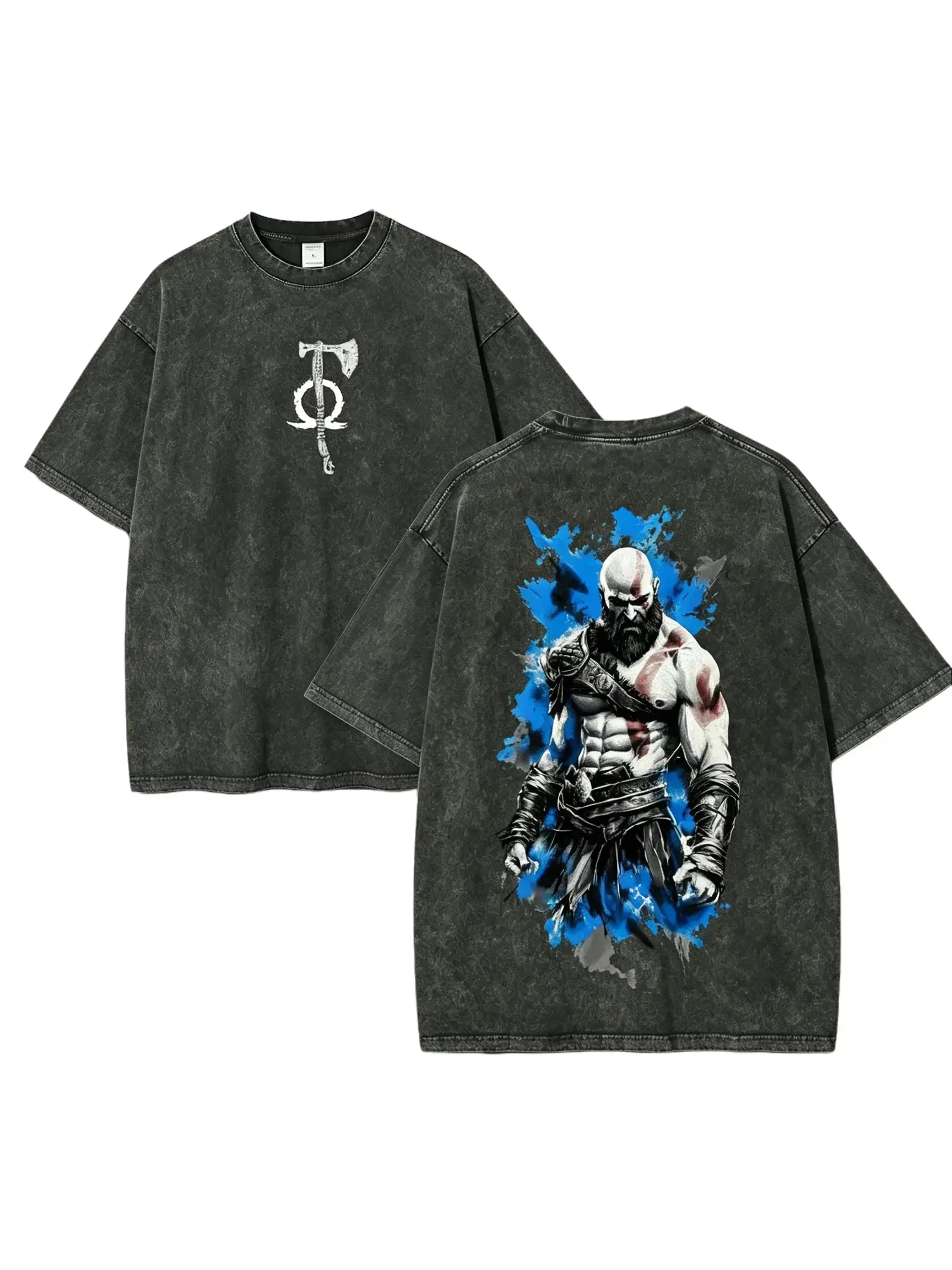 [BT] Vintage Washed God Of War Kratos Leviathan Axe Double Sided Oversized Gaming Graphic Streetwear T-Shirt, nordic mythology aesthetic tee,Retro Faded Kratos Leviathan Axe Front Back Print Norse Gaming Streetwear Oversized Tee