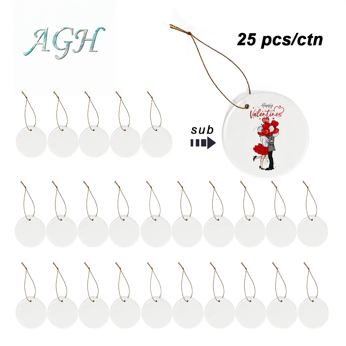AGH US 25pcs/carton Sublimation Blank Ceramic Ornaments 3 Inches for Christmas Tree Wedding Gift Party Decor DIY