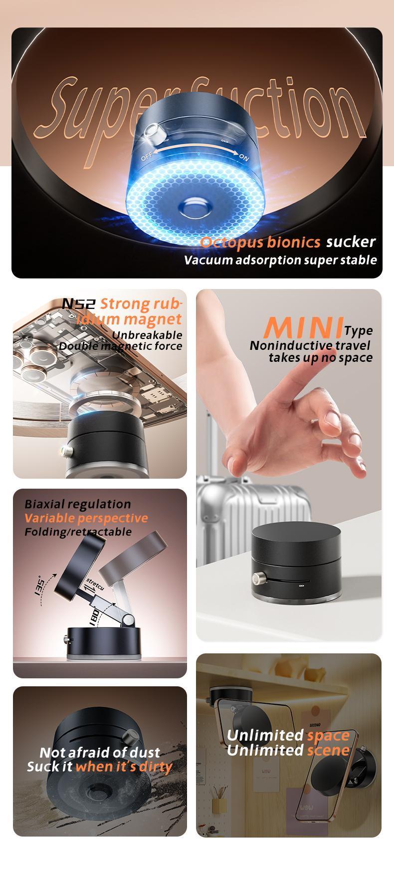 Multi-functional vacuum strong magnetic cell phone holder, 360 ° rotation, suitable for all kinds of cell phones, with magnetic holder, foldable, convenient for multi-scene application
