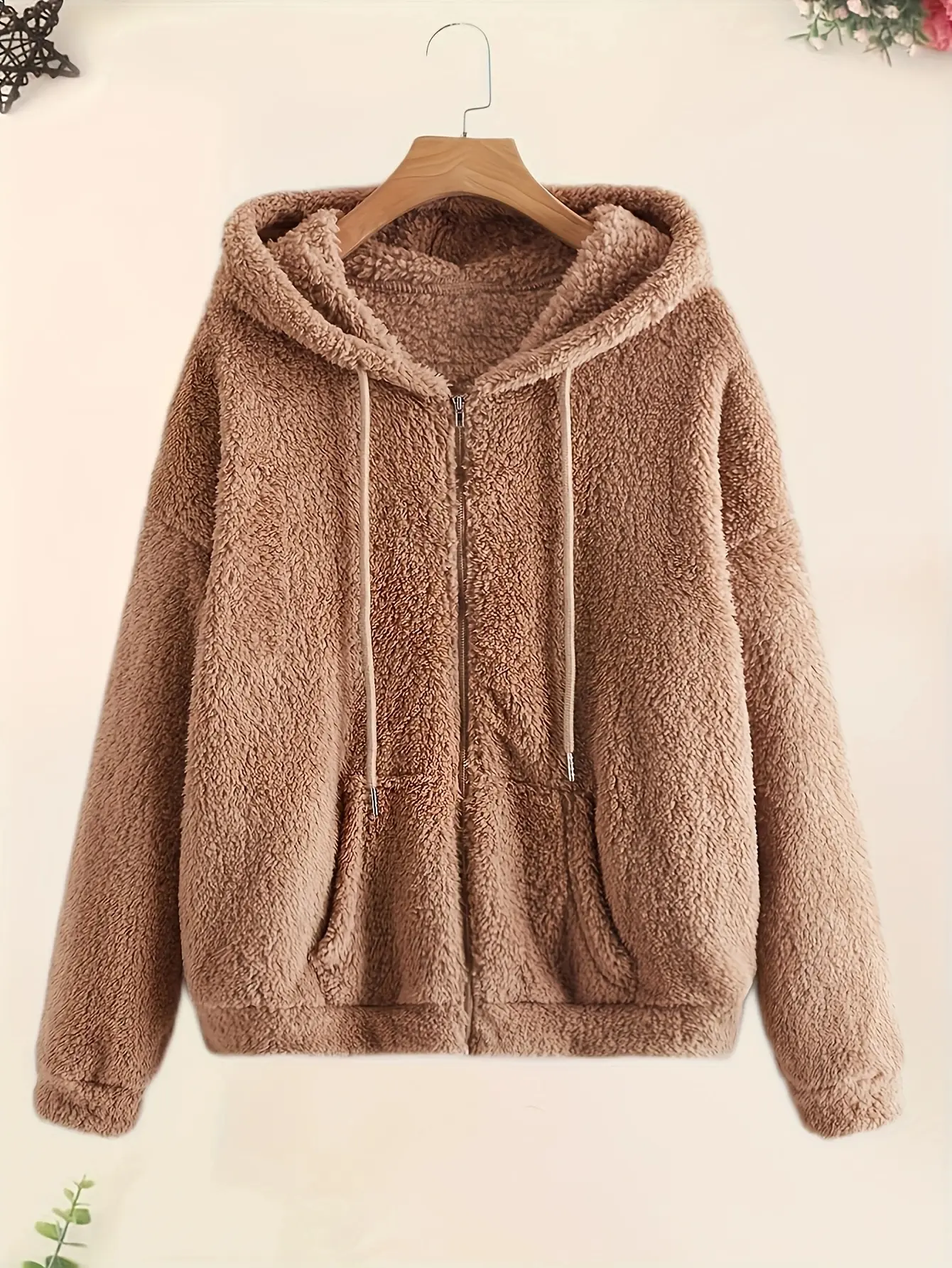 Women's Oversized Sherpa Fleece Hoodie, Fluffy Teddy Zip-Up Jacket with Pockets, Long Sleeves, and an Adjustable Hood for Everyday Wear, Zipper, Outdoor, Casual, Drawstring, Longsleeves, Polyester, Lady, Tops, Streetwear, Basic, School, Outdoors, Twist, F