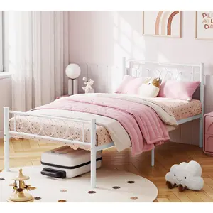 White Twin XL Bed Frame with Headboard and Footboard for Girls and Boys, Metal Platform Bed Frame with Iron-Art Sweet Heart, No Box Spring Needed, Under Bed Storage, Easy Assembly