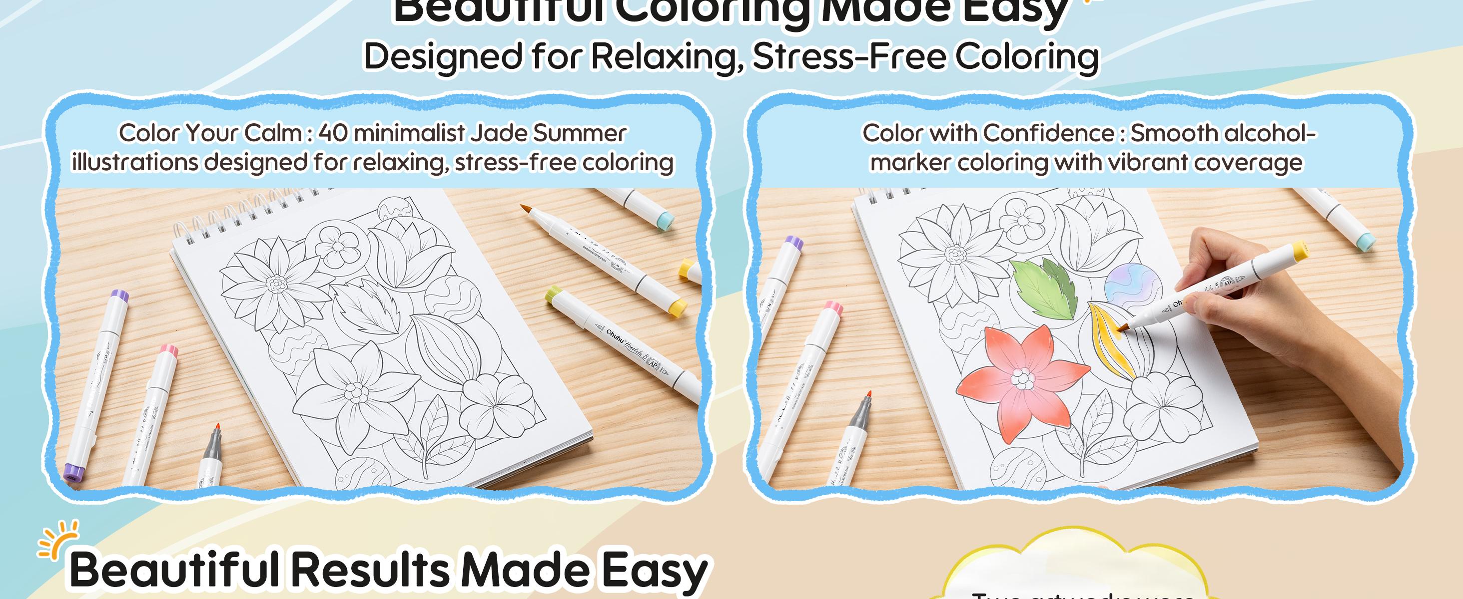 Ohuhu x Jade Summer Coloring Set: Brush & Fine Dual Tips - 47-Color - 47 Alcohol Markers & Coloring Book | Co-branded Coloring Kit, Alcohol Markers Coloring Set for Stress Relief - Honolulu B Series of Ohuhu Ohuhu x Jade Summer Coloring Set: Brush & Fine Dual Tips - 47-Color - 47 Alcohol Markers & Coloring Book | Co-branded Coloring Kit, Alcohol Markers Coloring Set for Stress Relief - Honolulu B Series of Ohuhu