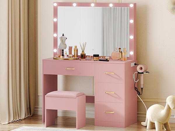 YITAHOME Makeup Vanity with Lighted Mirror, Vanity Desk with Power Strip, Adjustable Lighting, 4 Drawers, and Cushioned Stool for Bedroom, Dressing Room