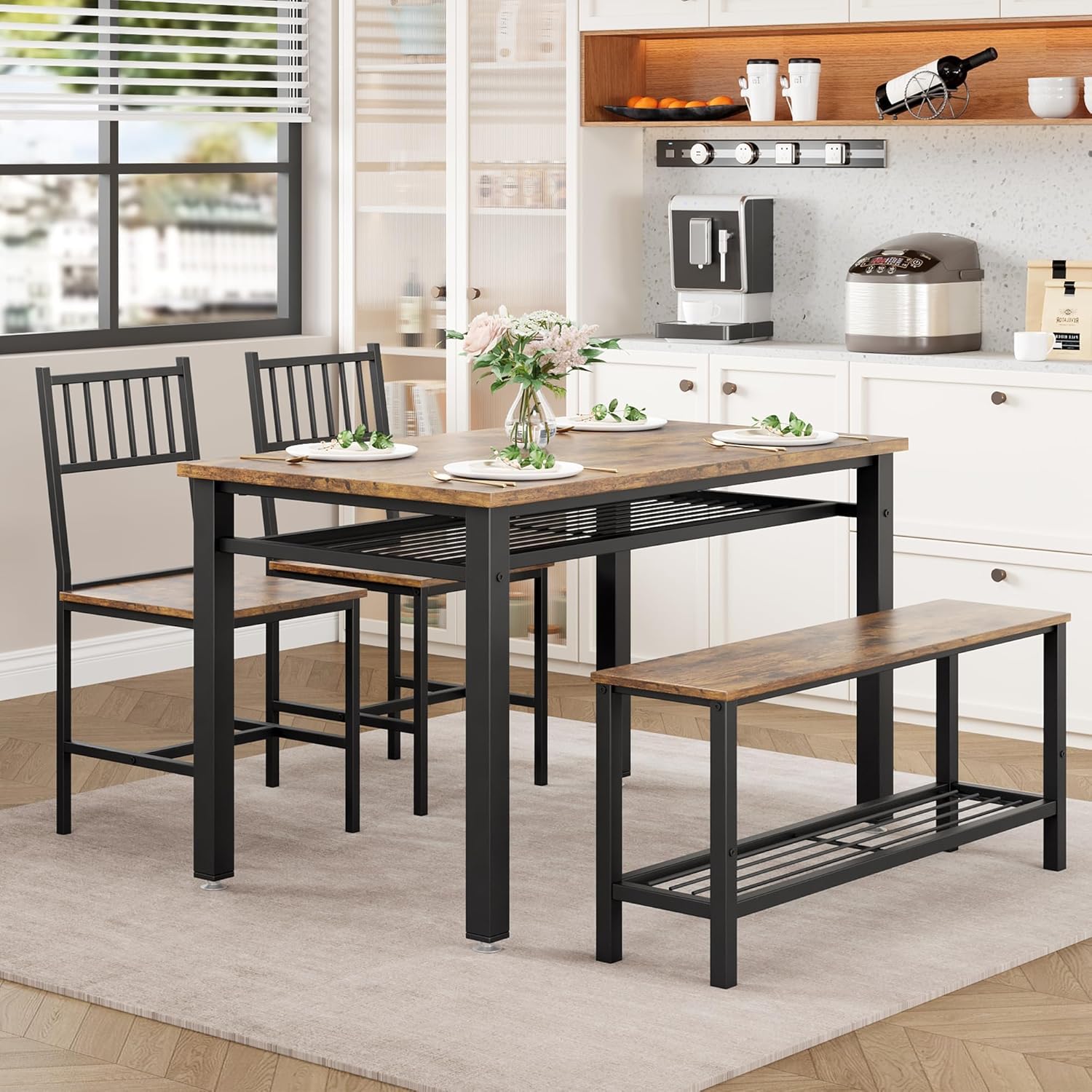 Farmhouse Kitchen Table Chairs Set for 4, 47" Modern Dining Table with Bench & Chairs, Storage Shelf, Metal Frame, Space-Saving for Dining Room Kitchen Apartment Farmhouse Kitchen Table Chairs Set for 4, 47" Modern Dining Table with Bench & Chairs, Storage Shelf, Metal Frame, Space-Saving for Dining Room Kitchen Apartment