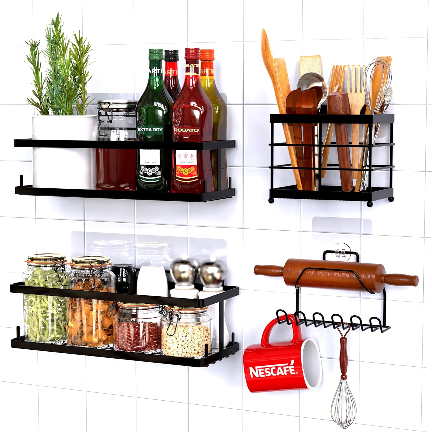 6 Pack Bathroom Adhesive Shower Shelves for Tile Wall Toiletry Kitchen Organizer and Large Capacity Bathtub Essentials Wall Rack Suction