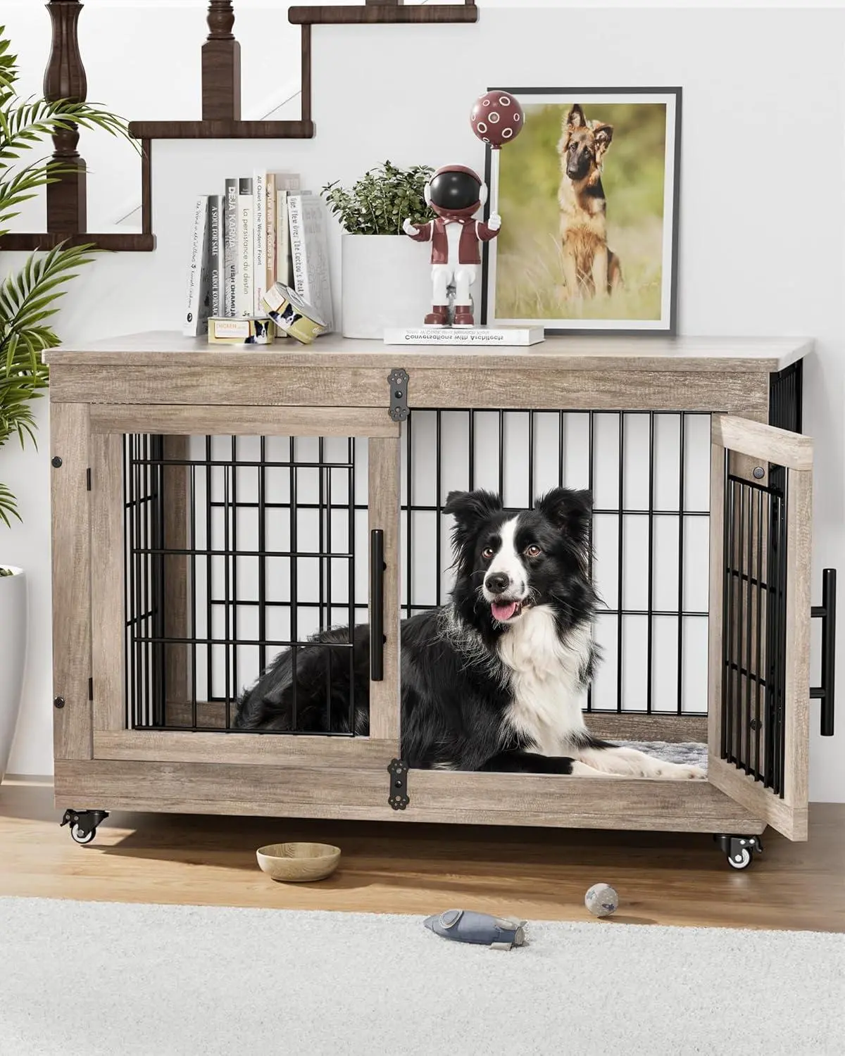 Dog Crate Furniture with Soft Pad & Wheels, Dog Cage with 2 doors, Wooden and Metal Dog Kennel, 2 Size Option
