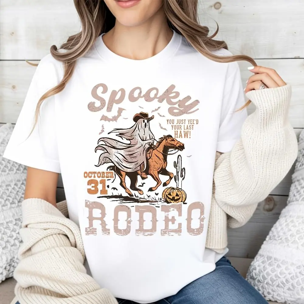 Spooky Rodeo Ghost Cowboy Horse Halloween Graphic Print, Raglan Long-Sleeved T-Shirt, Western Holiday Party Top, Casual Autumn Wear
