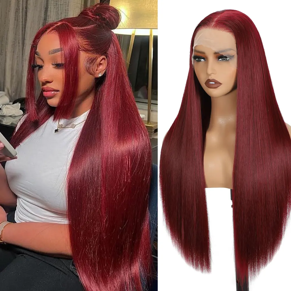 SummerVibes 30 Inch Straight Synthetic Smooth Wig 13x6 HD Transparent Lace Frontal Wig for Women and Girls Gorgeous Fluffy Wigs without Bangs Long Straight Wigs for Party Daily Use 99j Burgundy 200% Density Straight Hair Red Lace Front Wig Girl