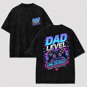 Vintage Washed Black Futuristic Cyber Dad T-shirt, front neon pixel Dad Level Unlocked chest print, back glowing cyber controller glitch colorful graphic, modern hype casual Father’s Day apparel for cool dads summer outfits