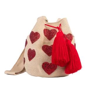 BEIGE WITH RED BEADED HEARTS BOHO PURSE