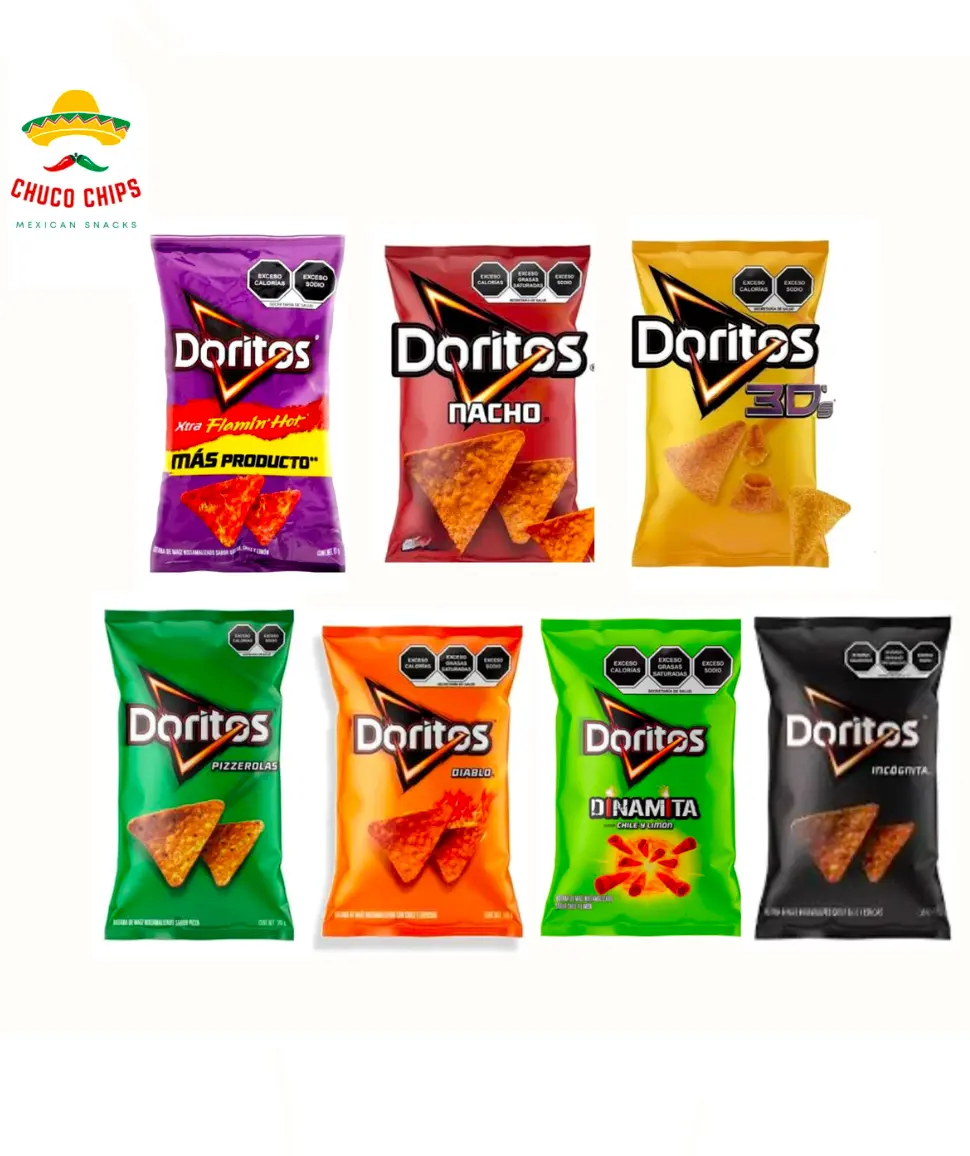Sabritas Doritos | Incognito, Dinamita Chile Limón, Dinamita Flamin Hot, Pizzerola, Queso, Flamin Hot, 3D | Box of 5 Flavors | Authentic Mexican Chips | Spicy Crunchy Crispy | Authentic Mexican Chips & Snacks by Chuco Chips