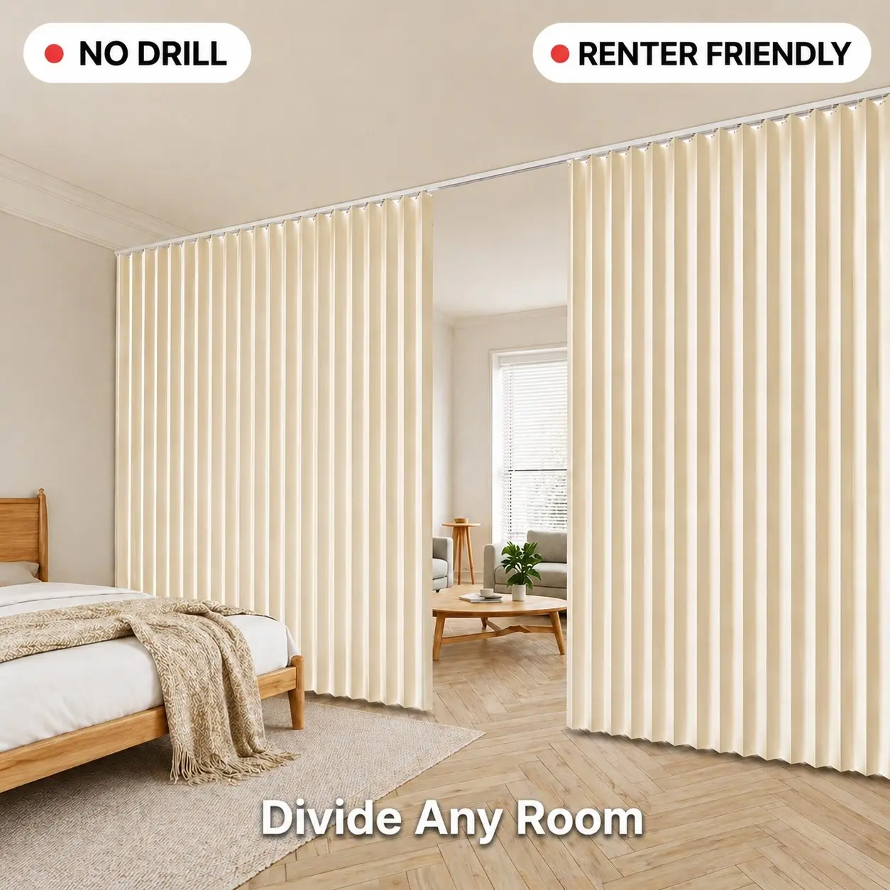 No Drill Room Divider for Renters - Folding Privacy Curtain Partition for Small Spaces, Bedroom, Studio Apartment, Dorm Wall Separator, Foldable Partitions, Divider for Room Separation