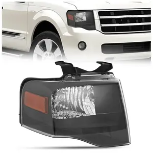 KQQIO Right Headlight Assembly Compatible with 2007-2014 Ford Expedition Replacement for 7L1Z13008AB FO2503226 Halogen Headlamp Front Light Lamp w/Bulb Clear Lens Black Housing Passenger Side
