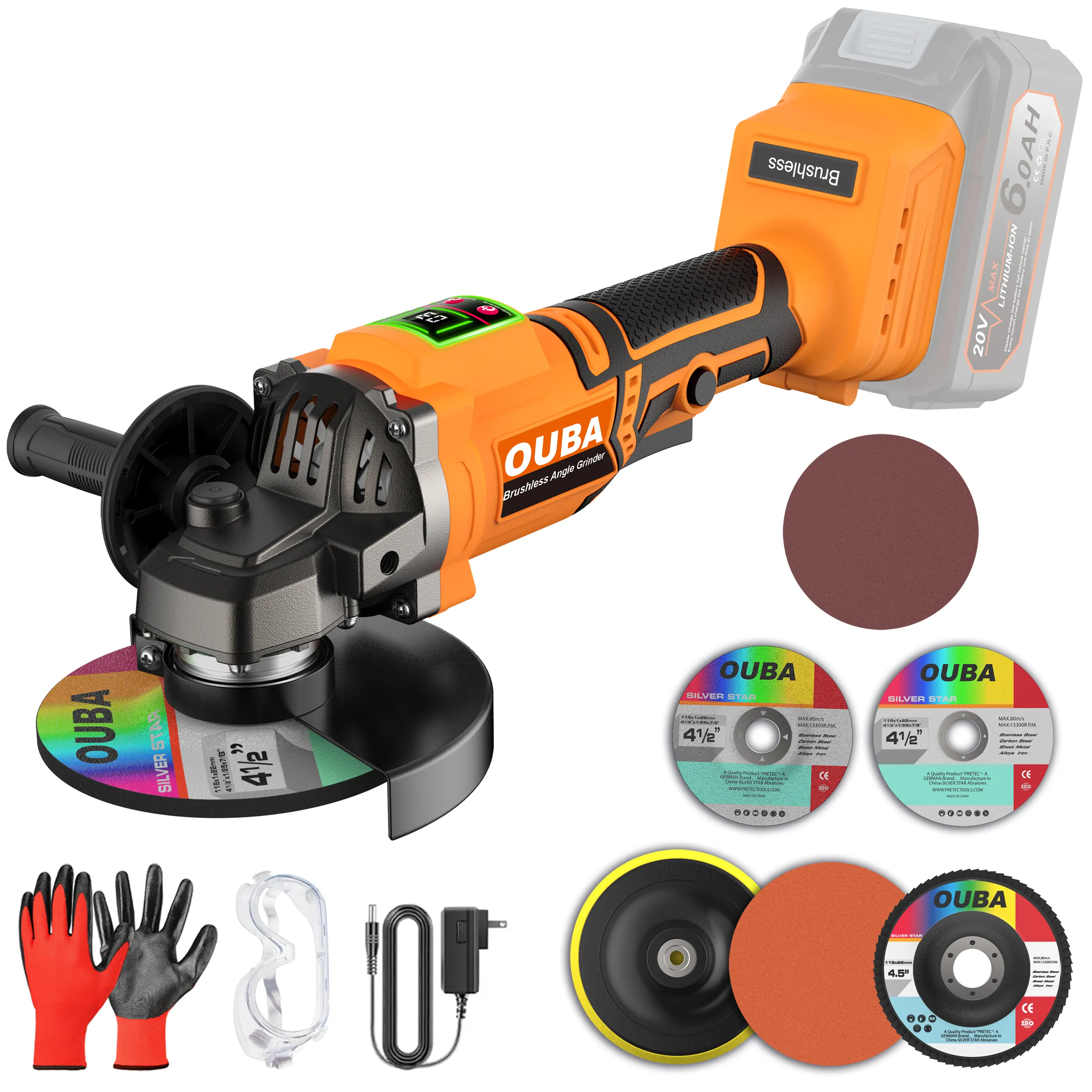Light Orange/Yellow Brushless Cordless Angle Grinder, Dewalt 20V Max Battery Compatible, 3 Variable Speed, High-Performance Motor with LED Display, Tool Stand, 1 Flap Disc, 1 Grinding Wheel (No Battery)