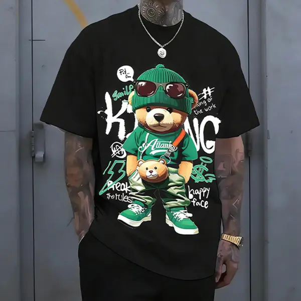 Men's Short-Sleeve Streetwear T-Shirt - Hip-Hop Teddy Bear Print, Harajuku Retro Casual, Y2K-Style Loose Trendy Top