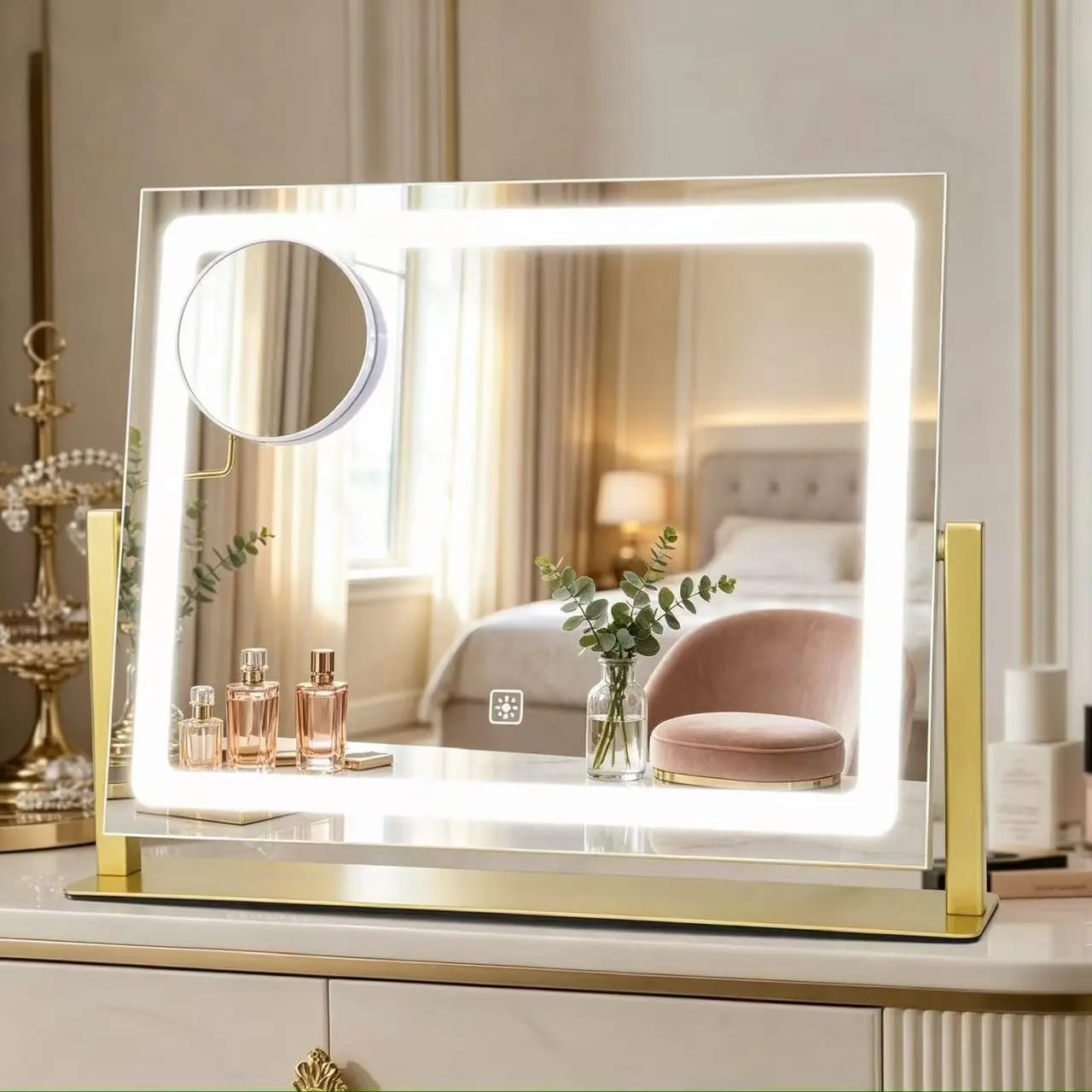 Vanity Mirror with Lights, 16"×12" LED Makeup Mirror, HD Professional Mirror, 10X Magnification, Smart Touch with 3-Color Lighting, Dimmable, 360° Rotation, Lighted Up for Makeup Desk, Bedroom (Gold)