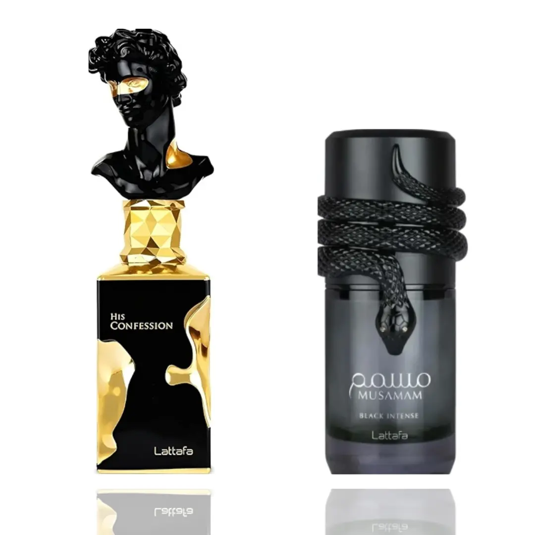 Lattafa Musamam Black Intense & His Confession 2-Piece Unisex EDP Perfume Spray Bundle - Oud-Based, Deep Bold Aroma, Amber Vanilla Scent, Enchanting Long-Lasting Fragrance for Evening Wear