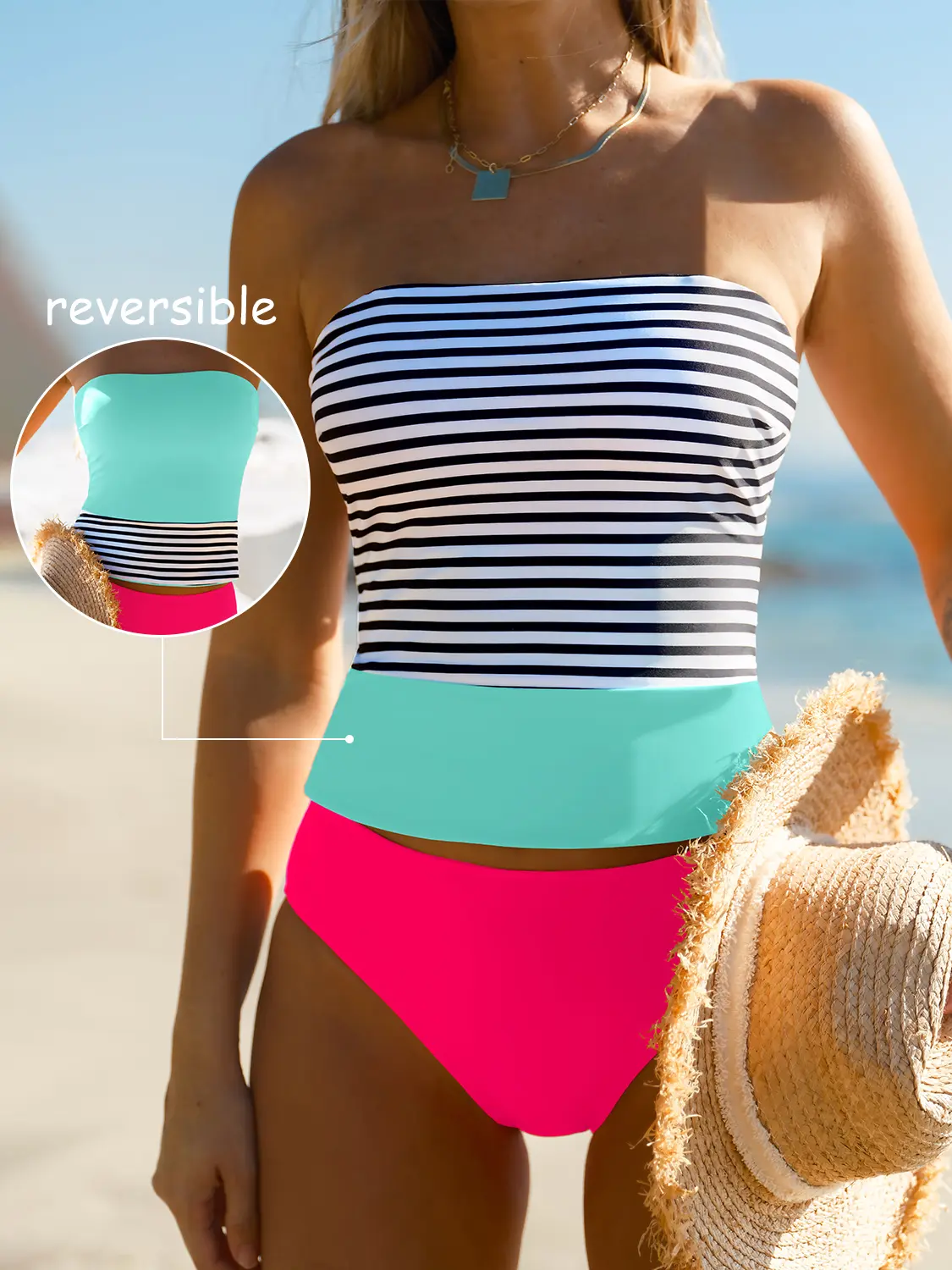 popvil Women's Bathing Suits, 2-in-1 Reversible Color Block Bikini Set, Tie-Back Padded Tube Top and High-Waisted Patchwork Bottoms for Beach Party, Bathing Suit Women, Bathing Suit Set, High Waisted Swimsuits