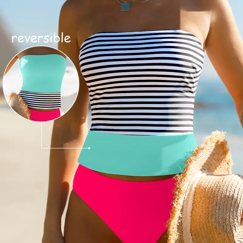 POPVIL Women's 2-in-1 Reversible 2-Tone Striped Bikini Set - Adjustable Strap Padded Tube Top, Color Block Mid-Rise Nylon Swim Bottoms, Female Swimwear for Beach Party, Two-Tone Striped Bikini Sets