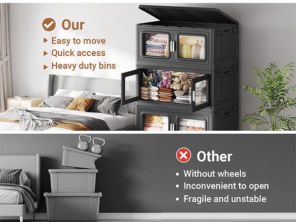 BROVIEW V80 165-300Gal Plastic Collapsible Storage Bins, Plastic Extra Large Storage Bins with Wheels, Stackable Closet Organizer and Storage Drawers, Black