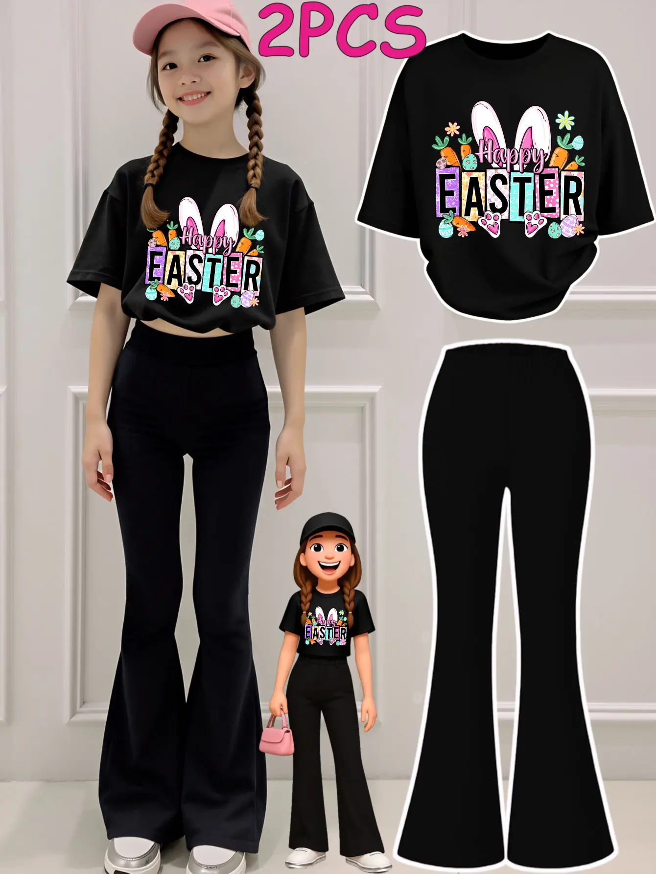 2PCS Girls Clothes T-Shirt Bottom Pants Set  Happy Easter Bunny Print Print Girl Clothes Short-Sleeved Round Neck T-Shirt Bell Bottom Pants Set Perfect For Outdoor  Kids Clothes Casual Summer Set Children