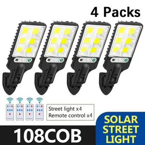 4 Pack Solar Street Light Outdoor with 120 LEDs Each – Smart Remote & IP65 Motion Sensor – 3 Modes (Security/Dim/Highlight) for Pathways, Garages, Backyards & Front Yards – Heavy-Duty Waterproof Lighting Solution for Home & Outdoor Areas, Lighting Gifts