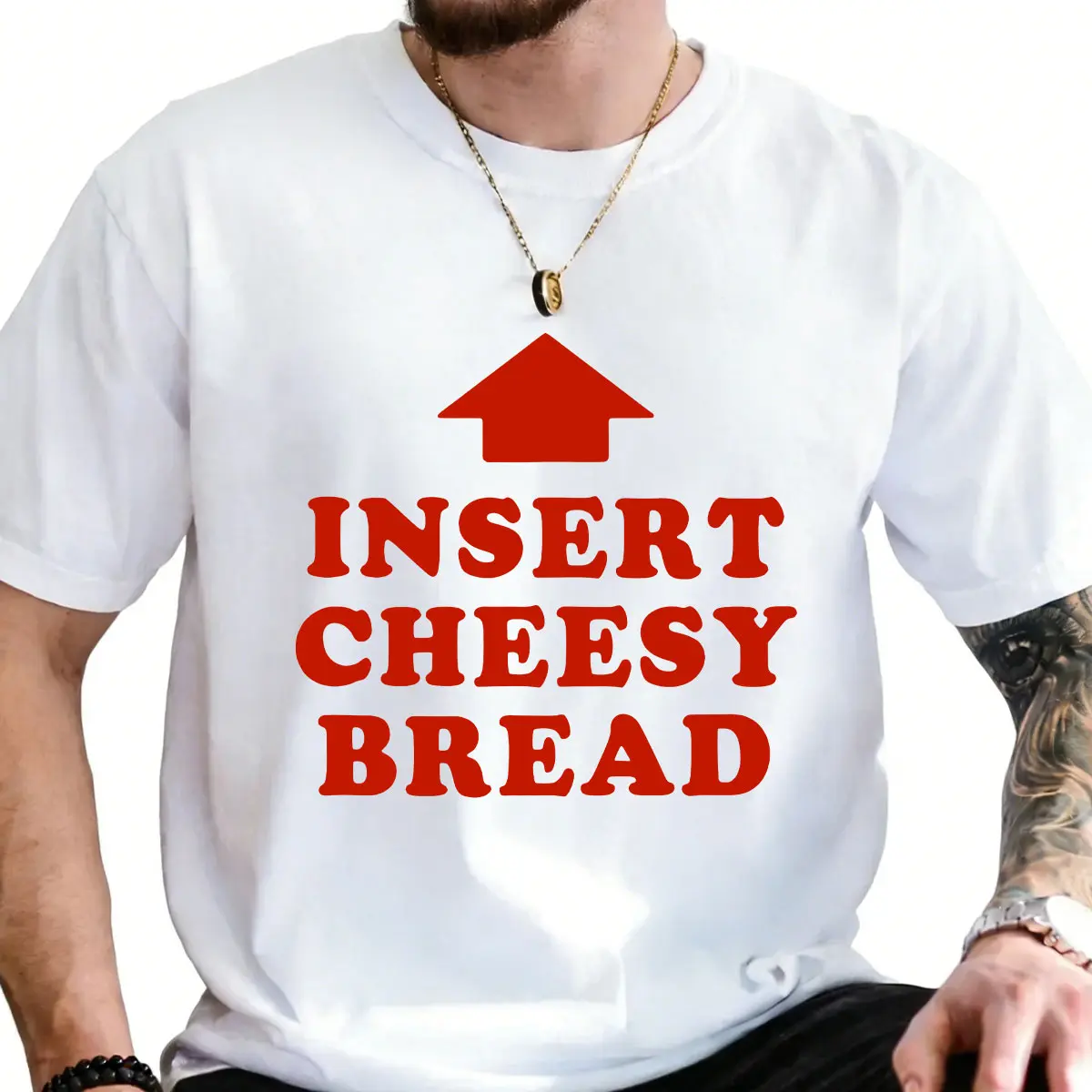 Men's Unisex "INSERT CHEESY BREAD" Red Graphic Top - 100% Cotton Soft Short-Sleeve Round Neck T-shirt, Made in USA, Casual Relaxed Fit, All Seasons Fabric for All-Day Wear