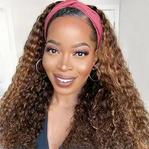 Highlight Ombre Headband Wig Human Hair Deep Wave Human Hair Wigs for Black Women #4/27 Glueless 180% Density None Lace Front Machine Made Brazilian Virgin Deep Wave Headband Wig Human Hair