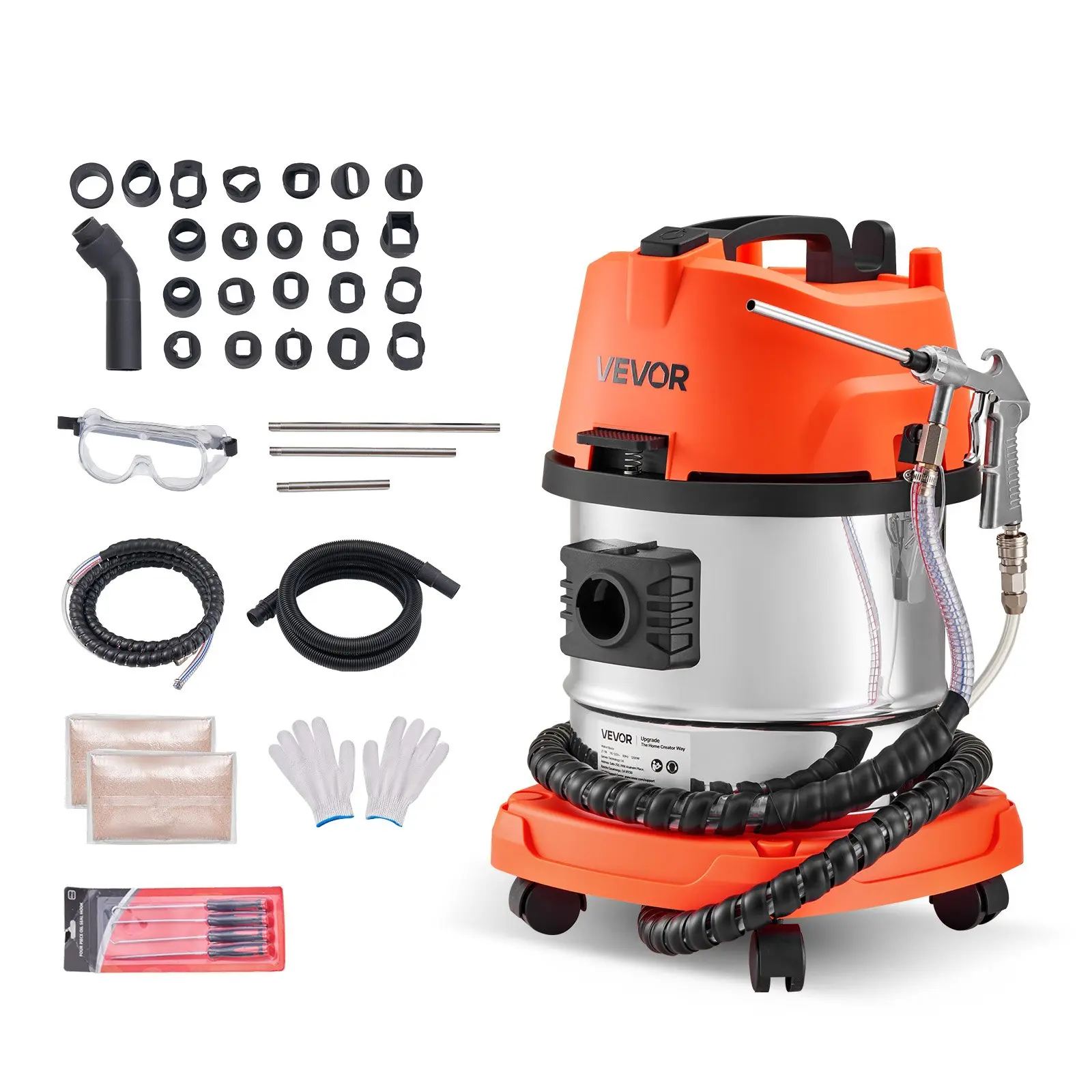 VEVOR Walnut Shell Sand Blaster Kit, 1200W Highly Efficient Cleaning Engine Tool with 13L Capacity, Built-in Vacuum, Extension Nozzle Gun, 5.5lbs Walnut Shells, Vibration Reduction, Throttle Response Boost, Engine Life Extension for Car Owners