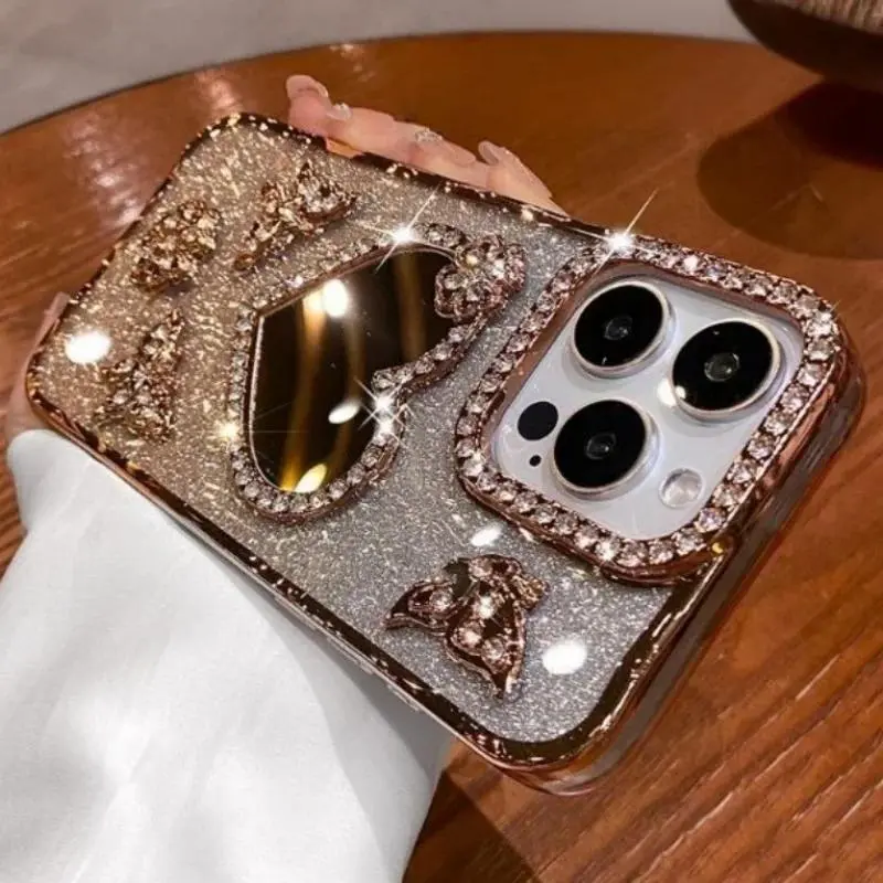 Smartphone Case with Glitter Diamond Heart, Butterfly Plating, Tough Protector & Artistic Cat Design - Handheld Makeup Mirror Accessory for iPhone 12/13/14 Pro/15 Plus/16 Pro Max/17