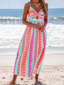 Popvil Tribal Printed Front Knot Cami Dress,Women's V Neck Sleeveless Seaside Vacation Maxi Dress for Summer,Causal Wear,dealsforyoudays